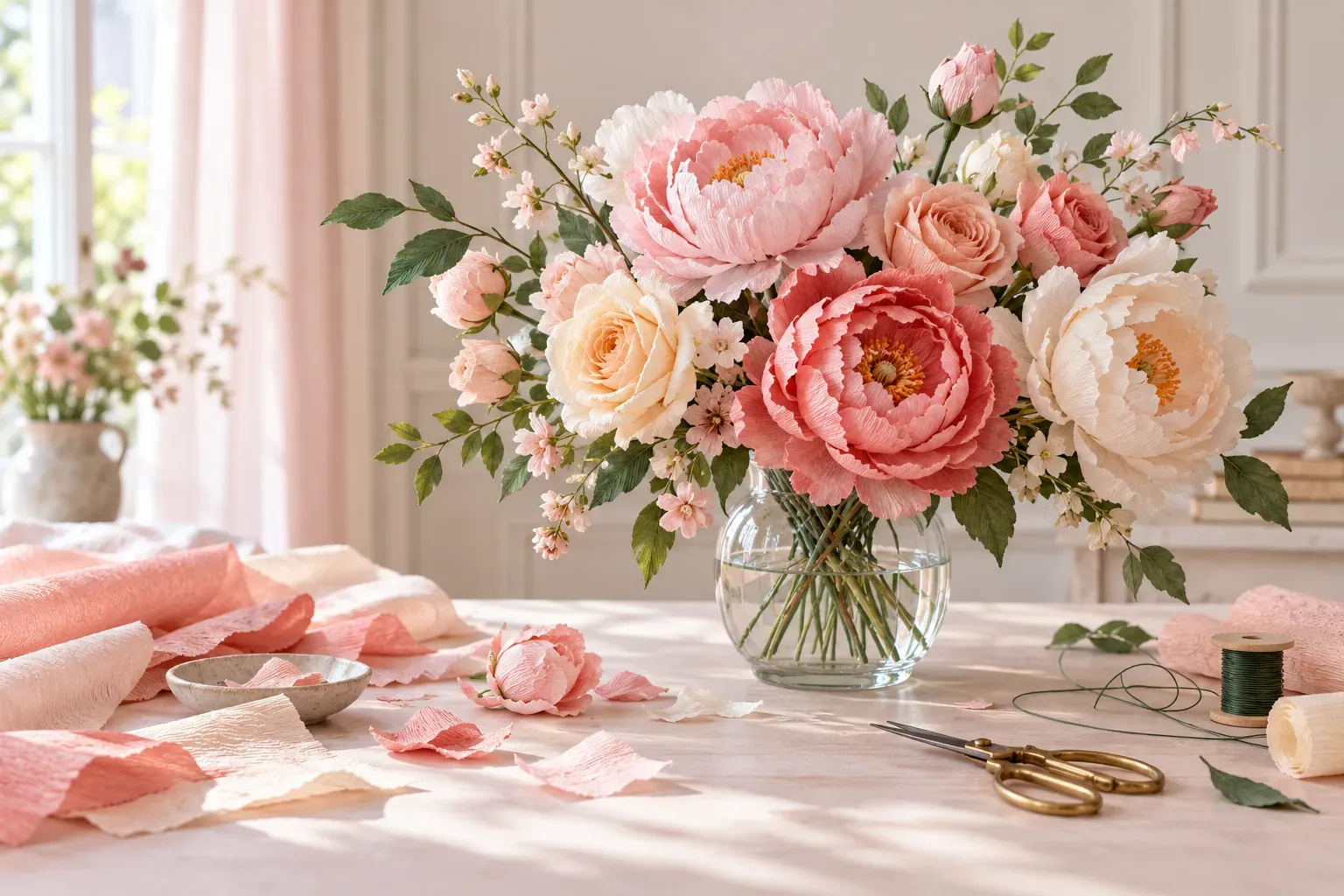 Bouquet de fleurs en papier crépon, pivoines et roses, dans un vase en verre
