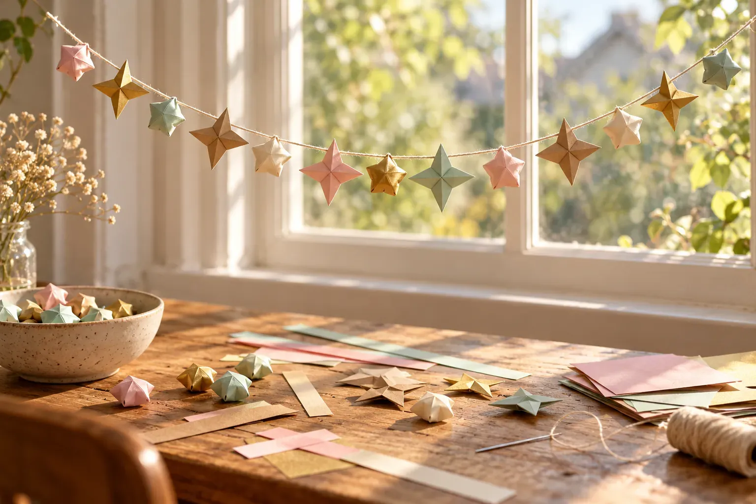 Guirlande d'étoiles en origami colorées suspendue sur un fil de coton devant une fenêtre