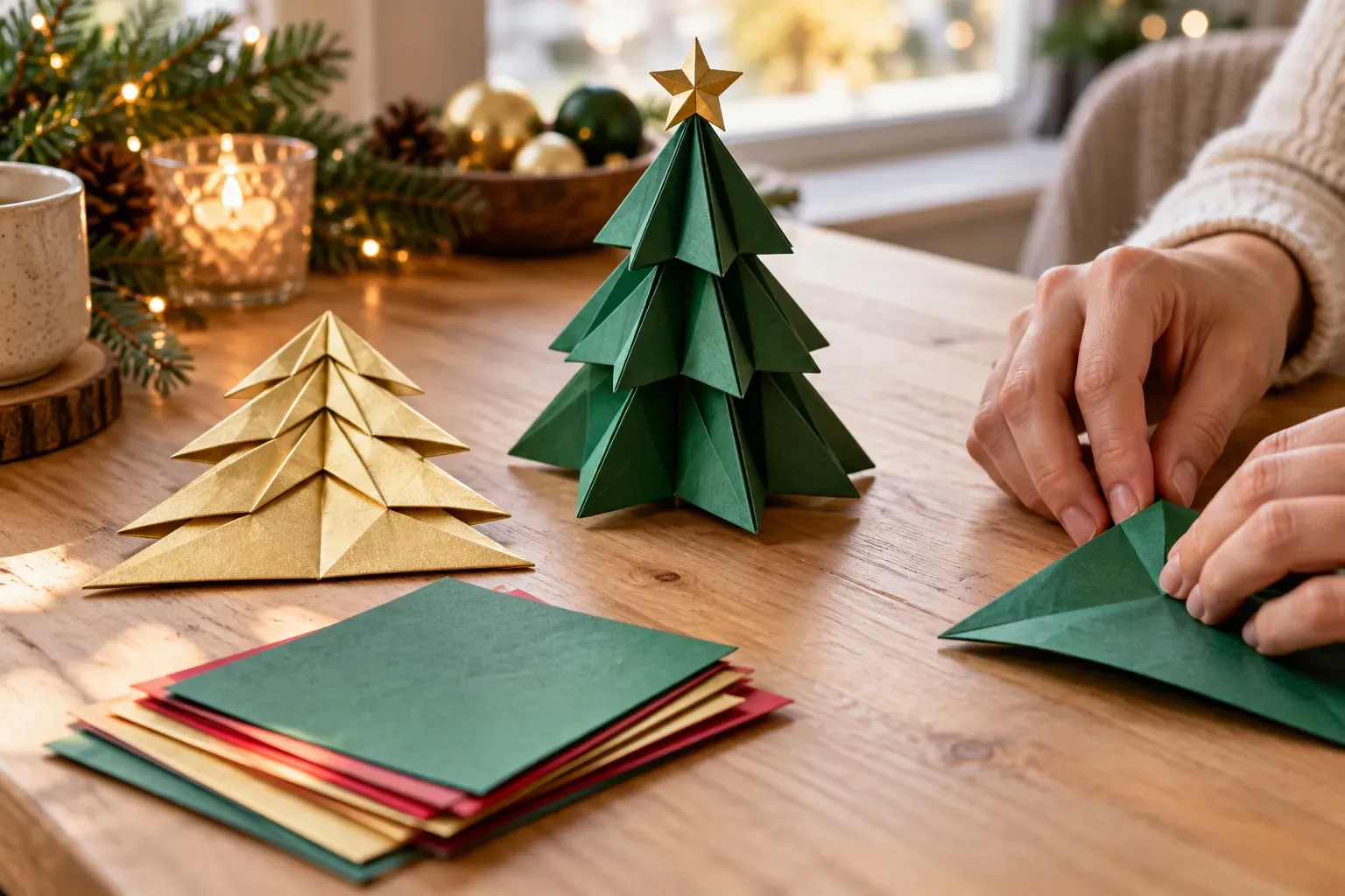 Sapins de Noël en origami vert et doré posés sur une table en bois