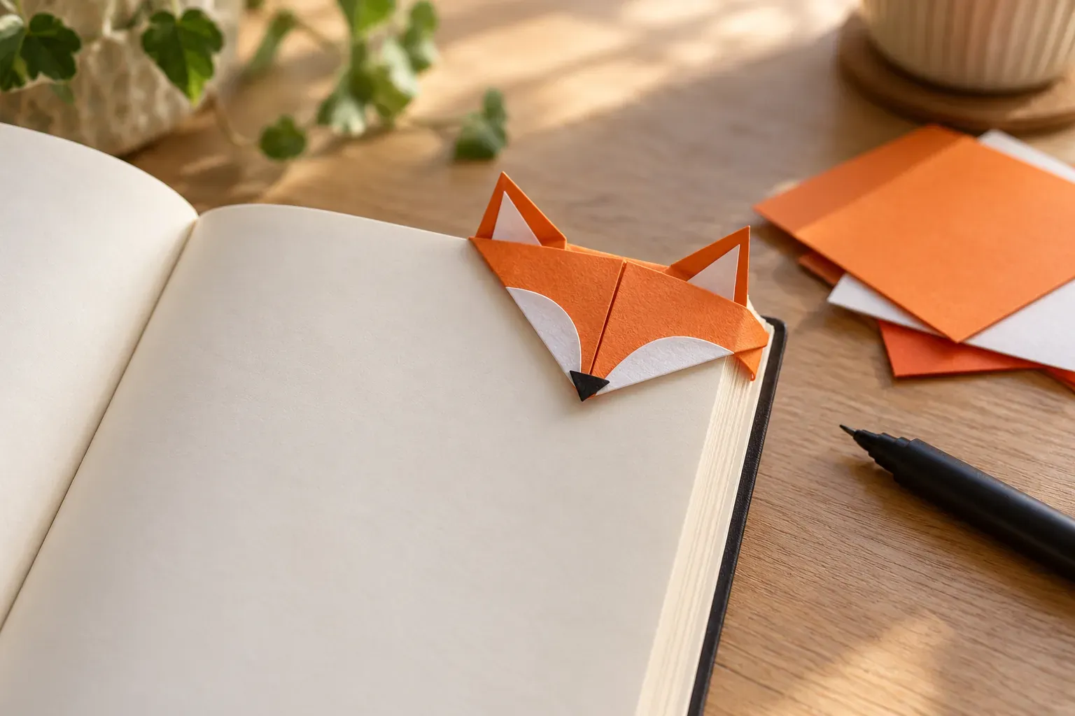 Marque-page renard en origami orange posé sur le coin d'une page de livre ouvert